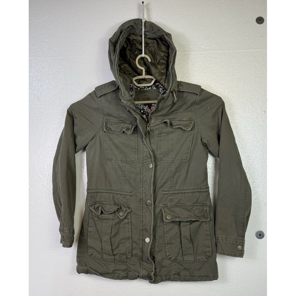 Aeropostale Cargo Military Jacket Womens Sz M Khaki‎ Army Green Hooded Full Zip